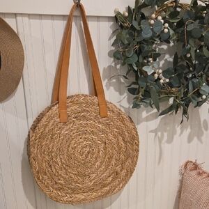 Woven Round Straw Tote Bag with Tan Leather Straps